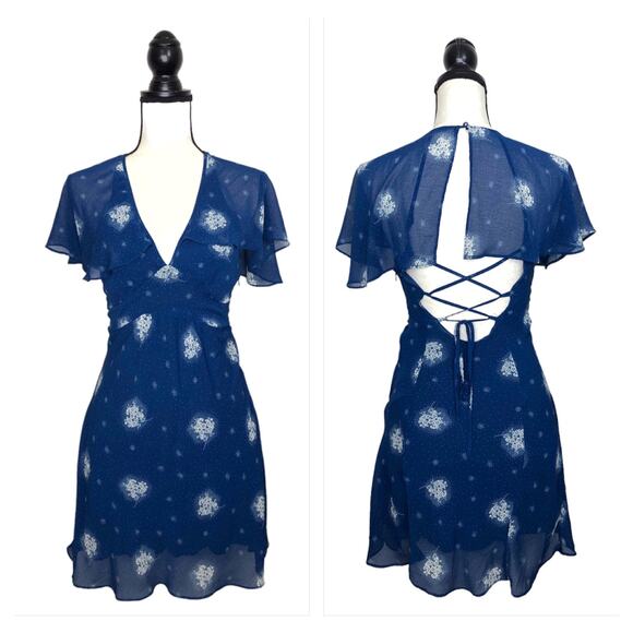 Urban Outfitters Dress Flutter Floral Lace Up Open Coreset Back Chiffon Mini S - Picture 1 of 14